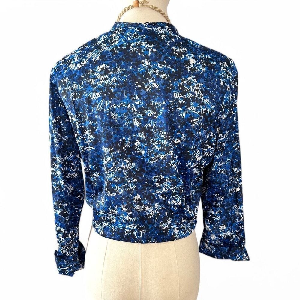 Vintage 80s Blue Floral Cropped Shacket Pearl Buttons Granny Chic Jacket Large - Picture 7 of 8